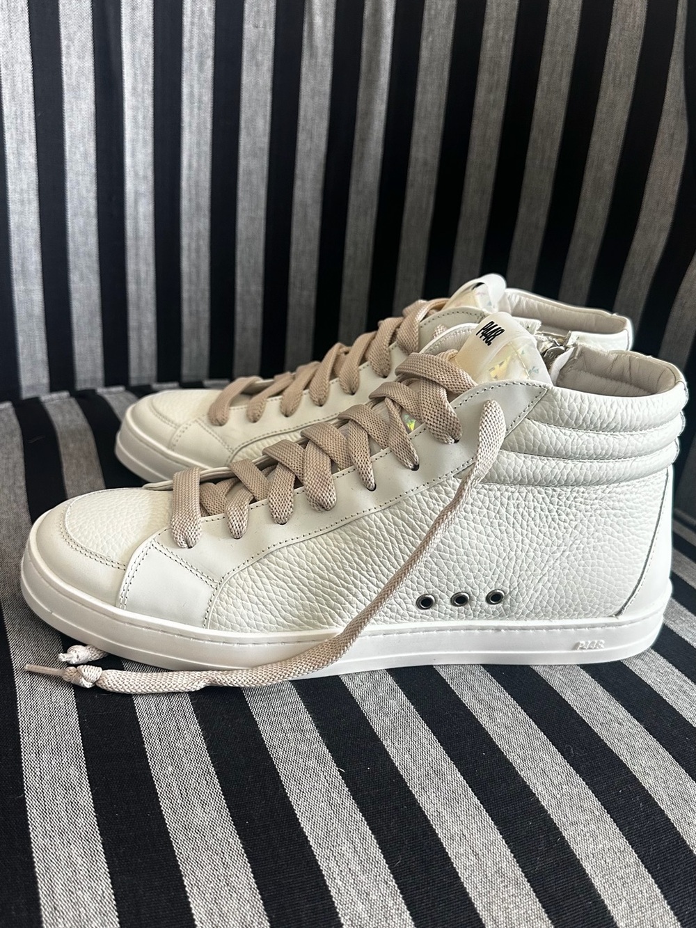 P448 Women’s White High-Top Sneakers with Taupe Laces - Picture 11 of 16